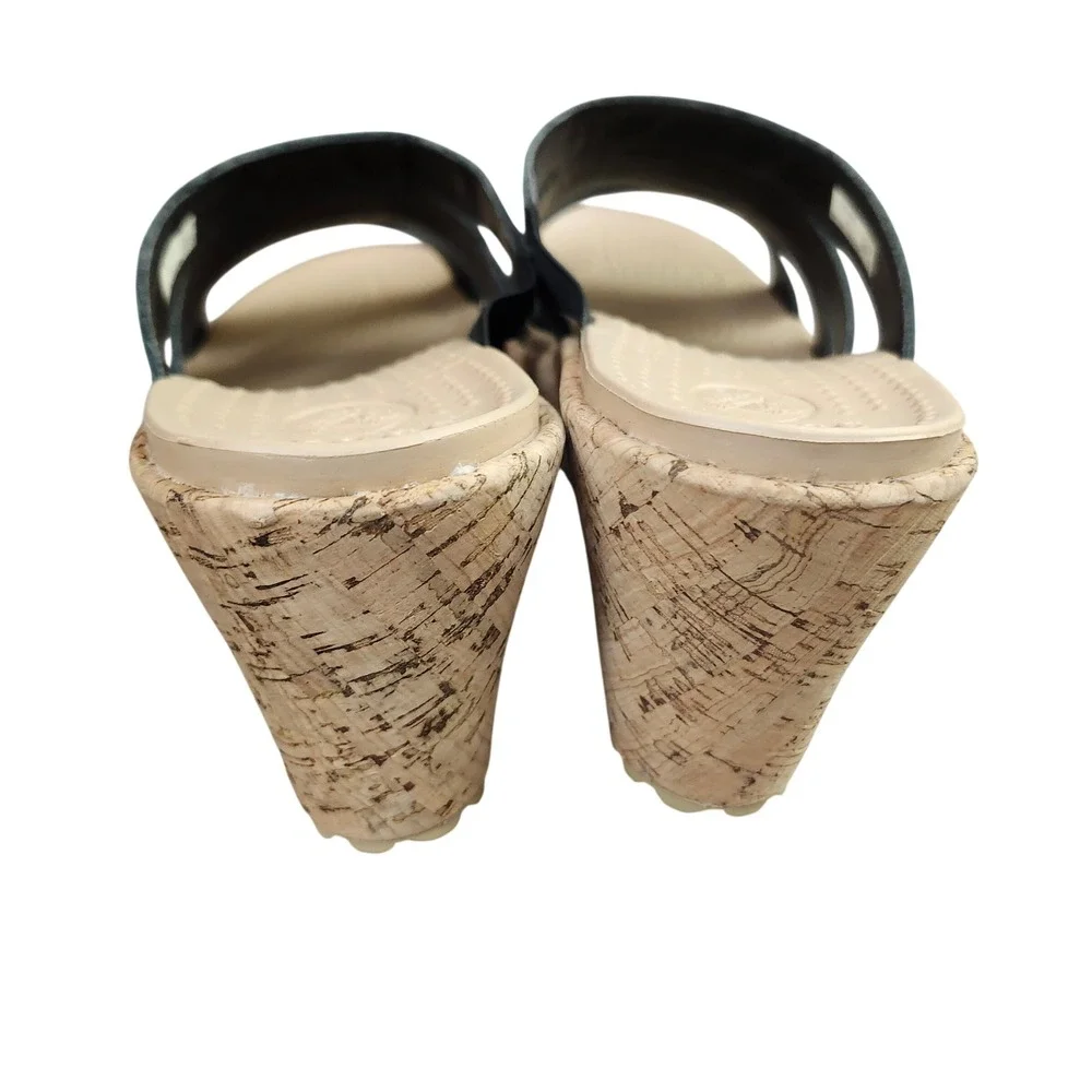 Crocs A-Leigh Leather Slide Wedge Black Tan Cork Sandals Womens 9 Beach Comfort